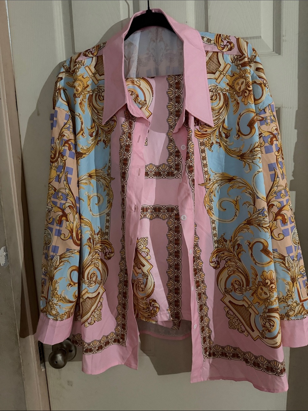 Baroque-Print Pink & Light Blue Button-Front 2 piece silk pant and shirt set